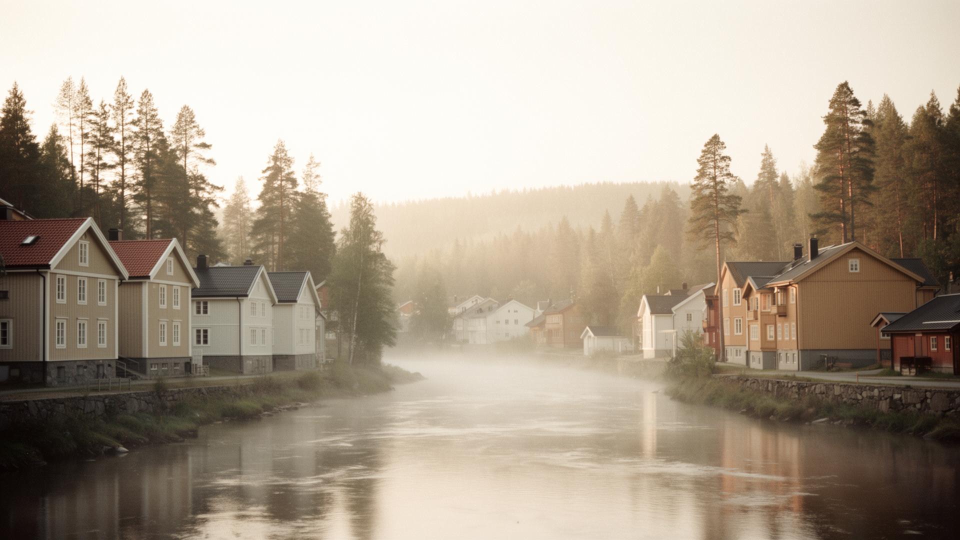 Elverum i tidlig morgenlys — Glomma og furuskog